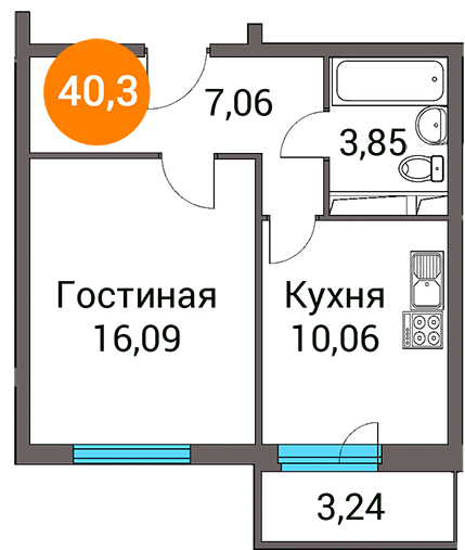 Однокомнатная квартира 40.3 м²