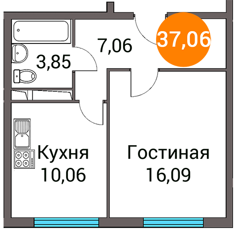 Однокомнатная квартира 37.06 м²