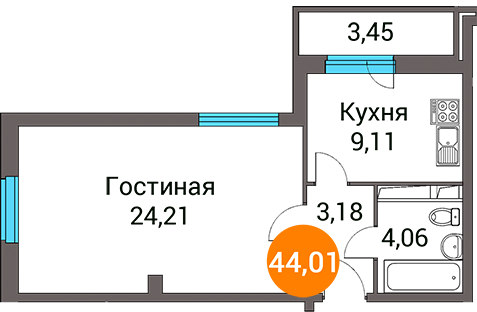 Однокомнатная квартира 44.01 м²