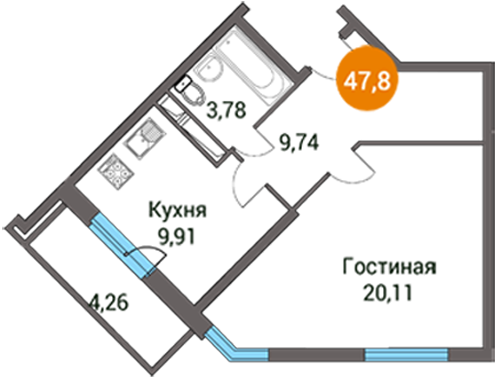 Однокомнатная квартира 47.93 м²