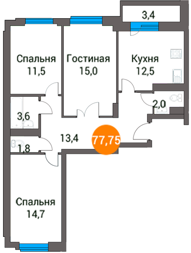 Трёхкомнатная квартира 77.75 м²
