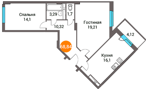 Двухкомнатная квартира 70.4 м²