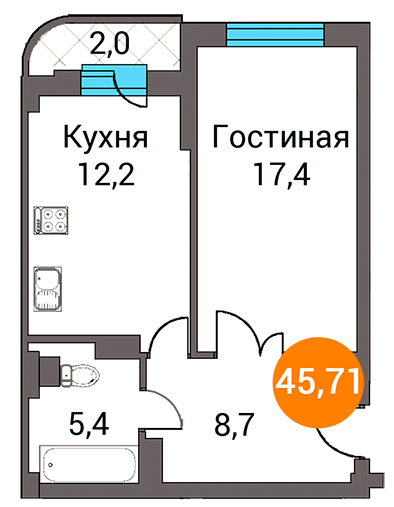 Однокомнатная квартира 45.71 м²
