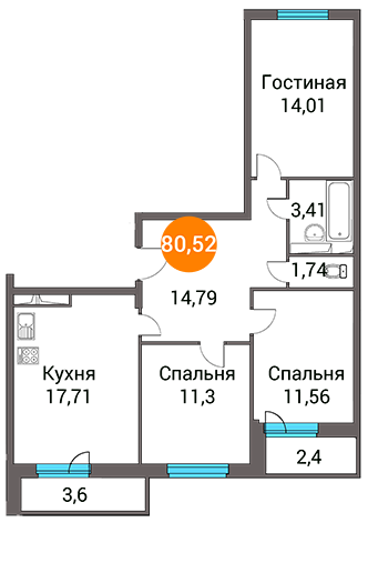 Трёхкомнатная квартира 81.39 м²
